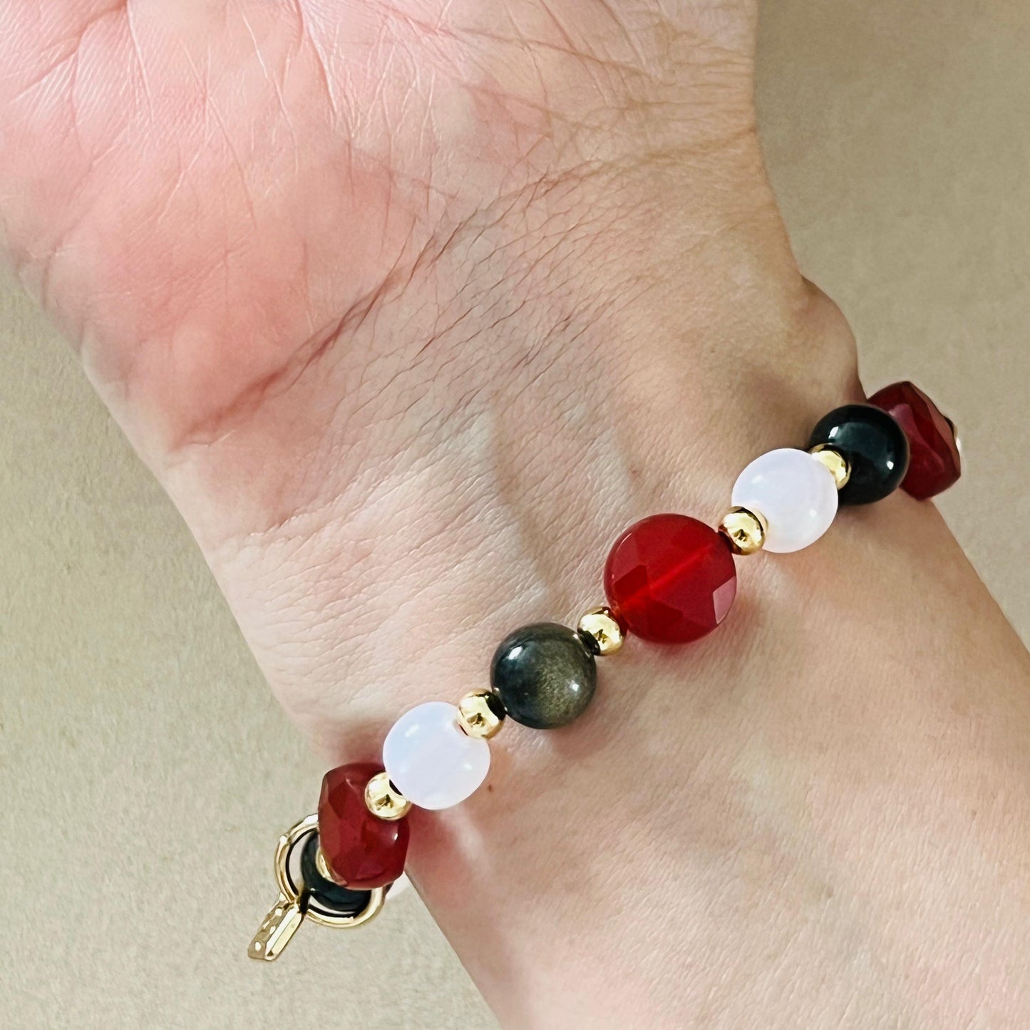 Gold Sheen Obsidian, Red Agate & Snowflake Agate Money Kitty Bracelet