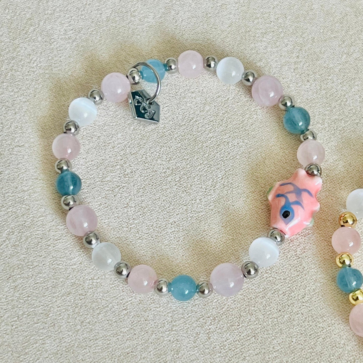 Aquamarine, Rose Quartz & Selenite Rose Koi Bracelet