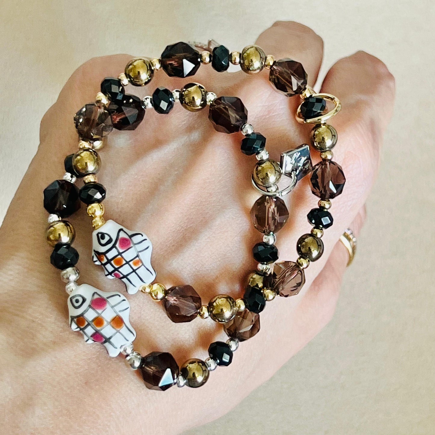 Black Spinel, Hematite & Smoky Quartz Chocolate Koi Bracelet