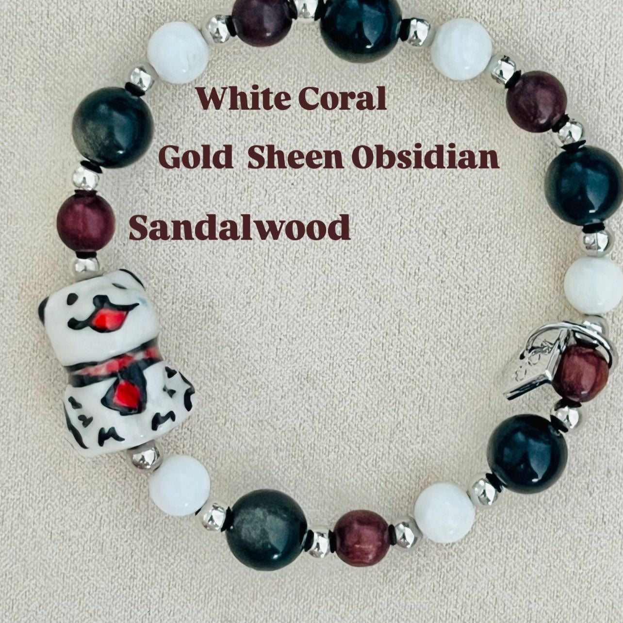 Coral, Obsidian & Sandalwood Delightful Doggie Bracelet