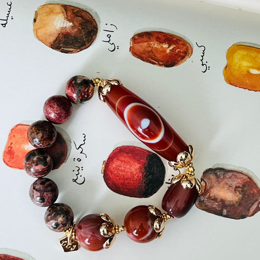 Tibetan Eye Agate, Carnelian, Leopardskin Jasper & South Red Agate Bracelet