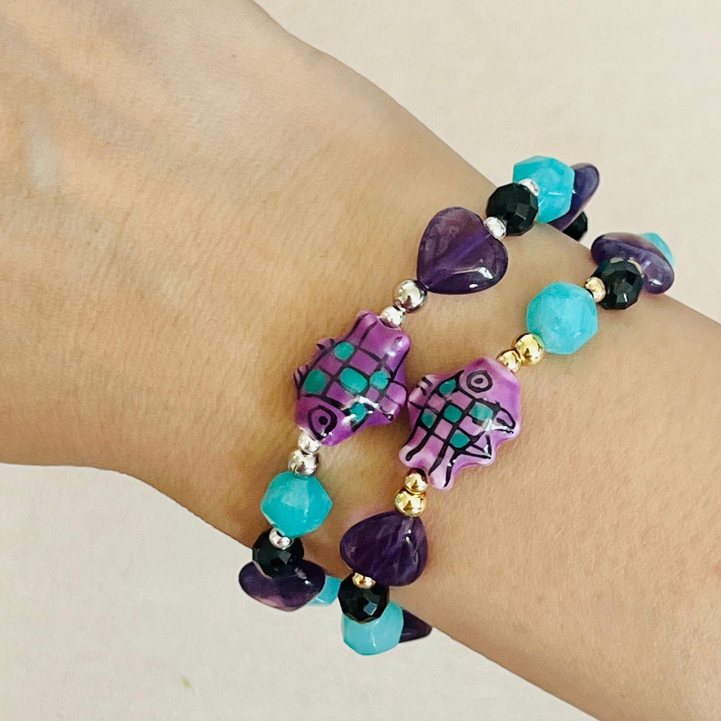 Amazonite, Amethyst & Black Tourmaline Grape Koi Bracelet