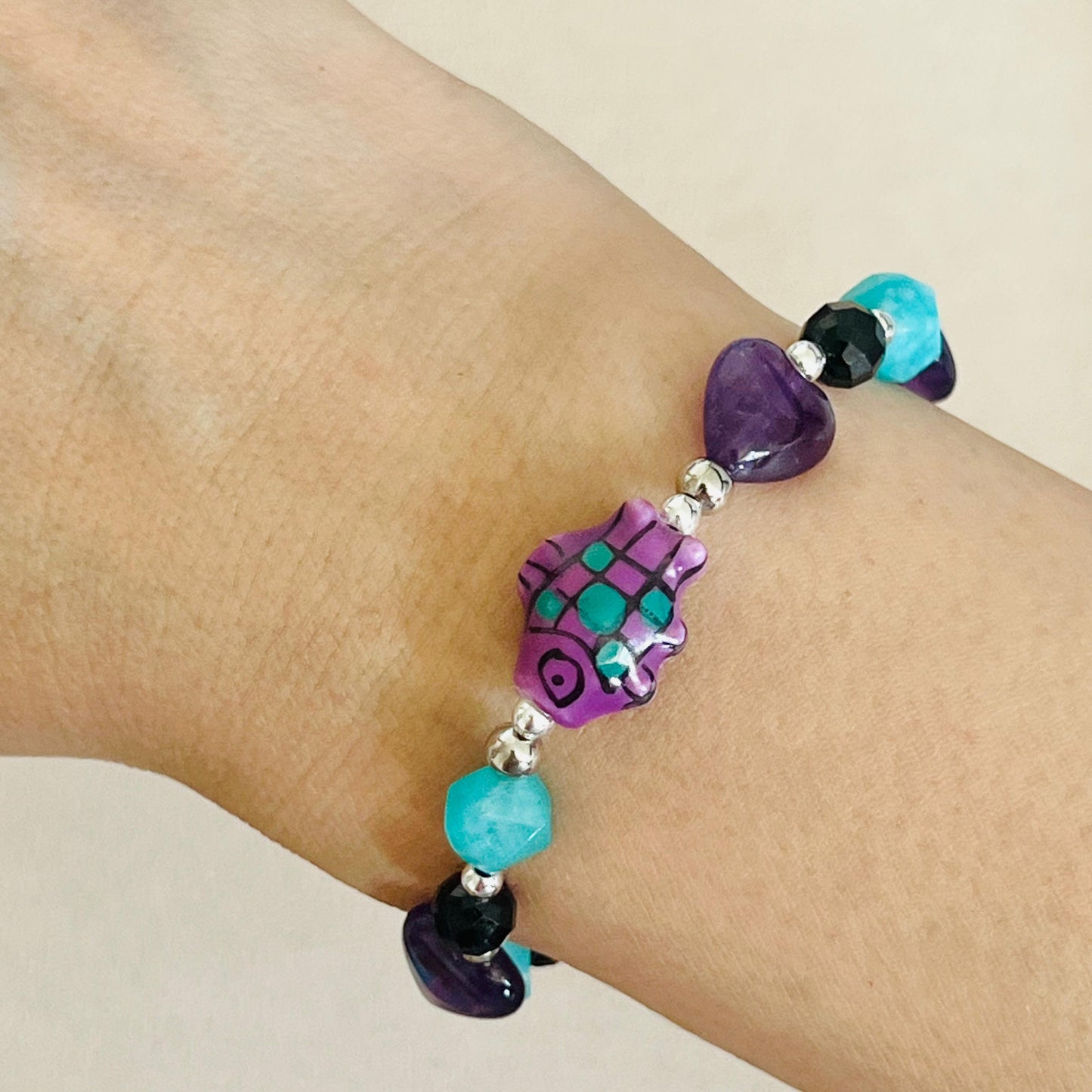 Amazonite, Amethyst & Black Tourmaline Grape Koi Bracelet