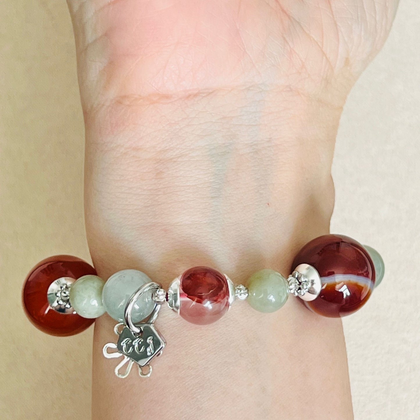 Carnelian, Red Hematoid & Olive Jade Bracelet SHW