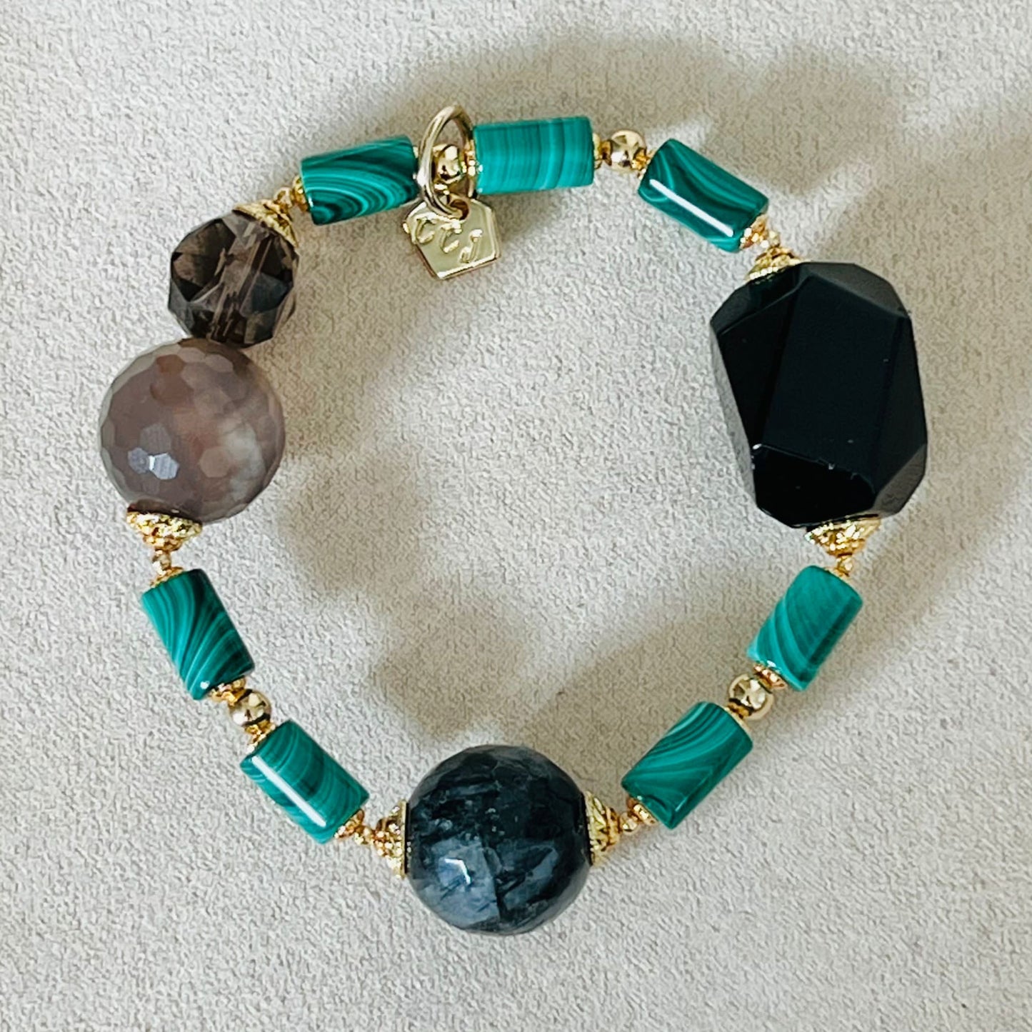 Raw Smoky Quartz, Rutilated Black Quartz, Botswana Agate & Malachite Bracelet