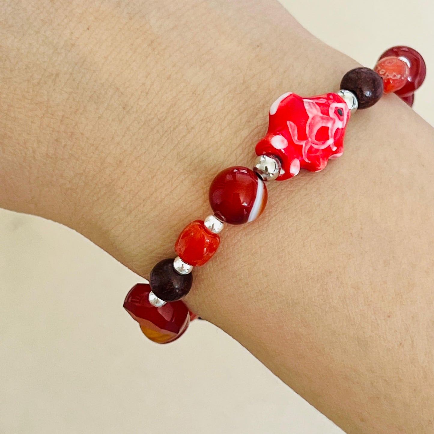 Carnelian, Coral, Red Agate & Sandalwood Angbao Koi Bracelet