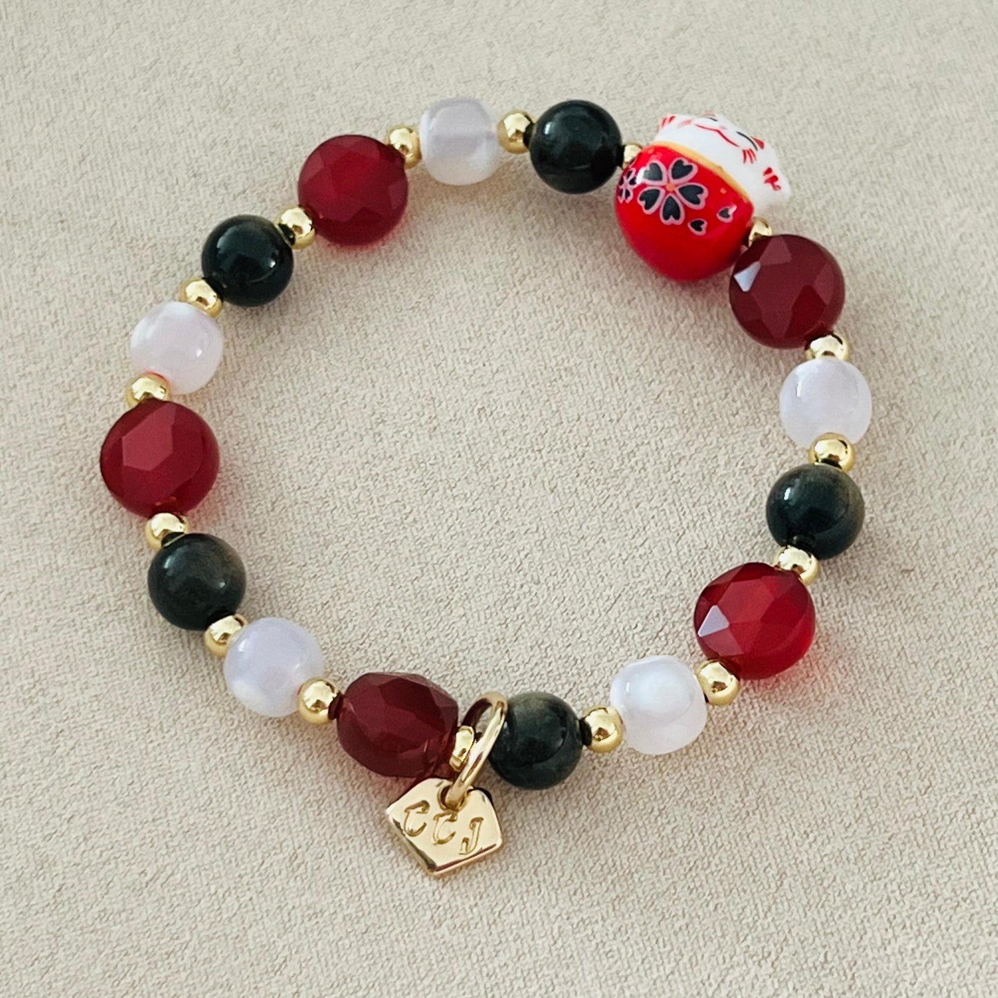 Gold Sheen Obsidian, Red Agate & Snowflake Agate Money Kitty Bracelet