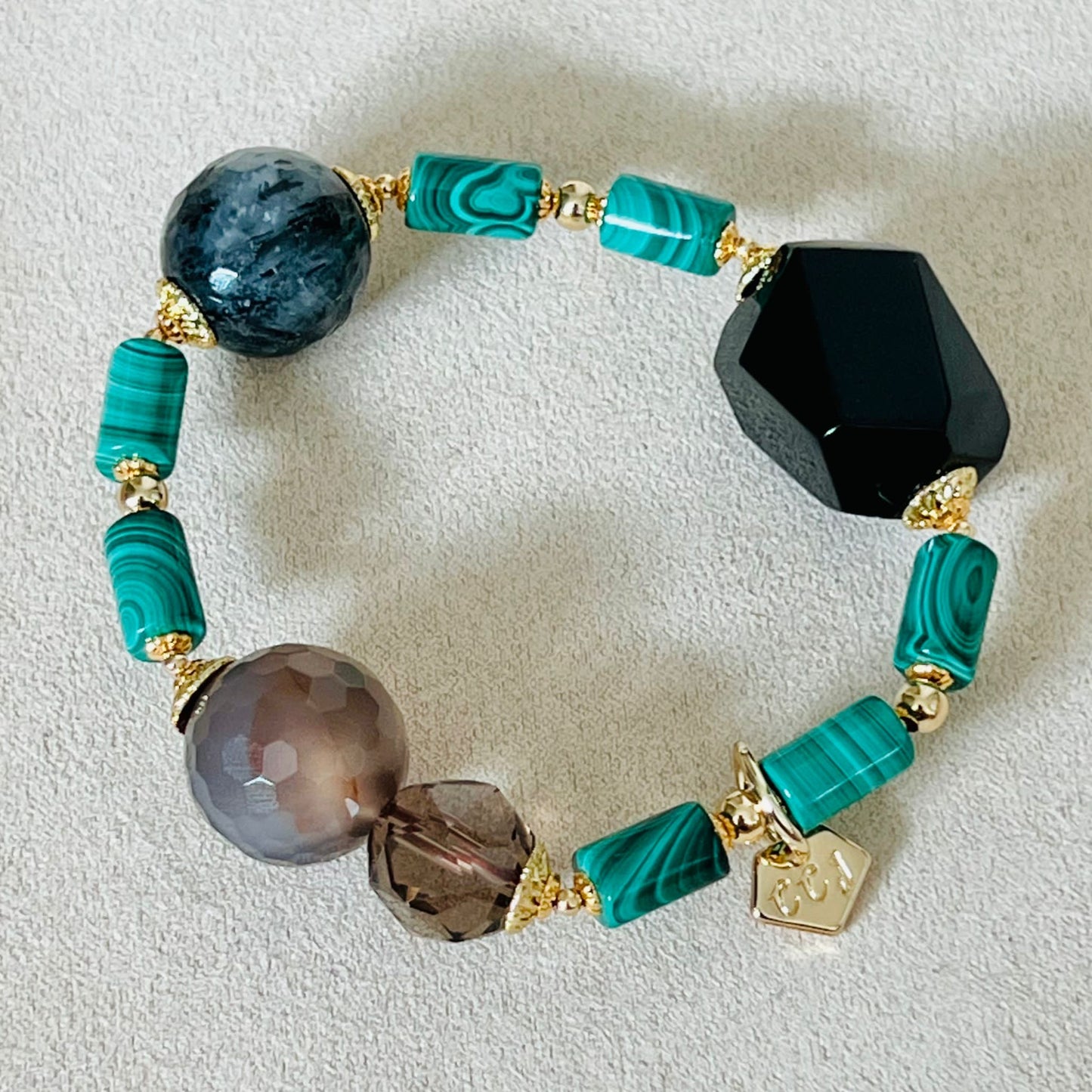 Raw Smoky Quartz, Rutilated Black Quartz, Botswana Agate & Malachite Bracelet