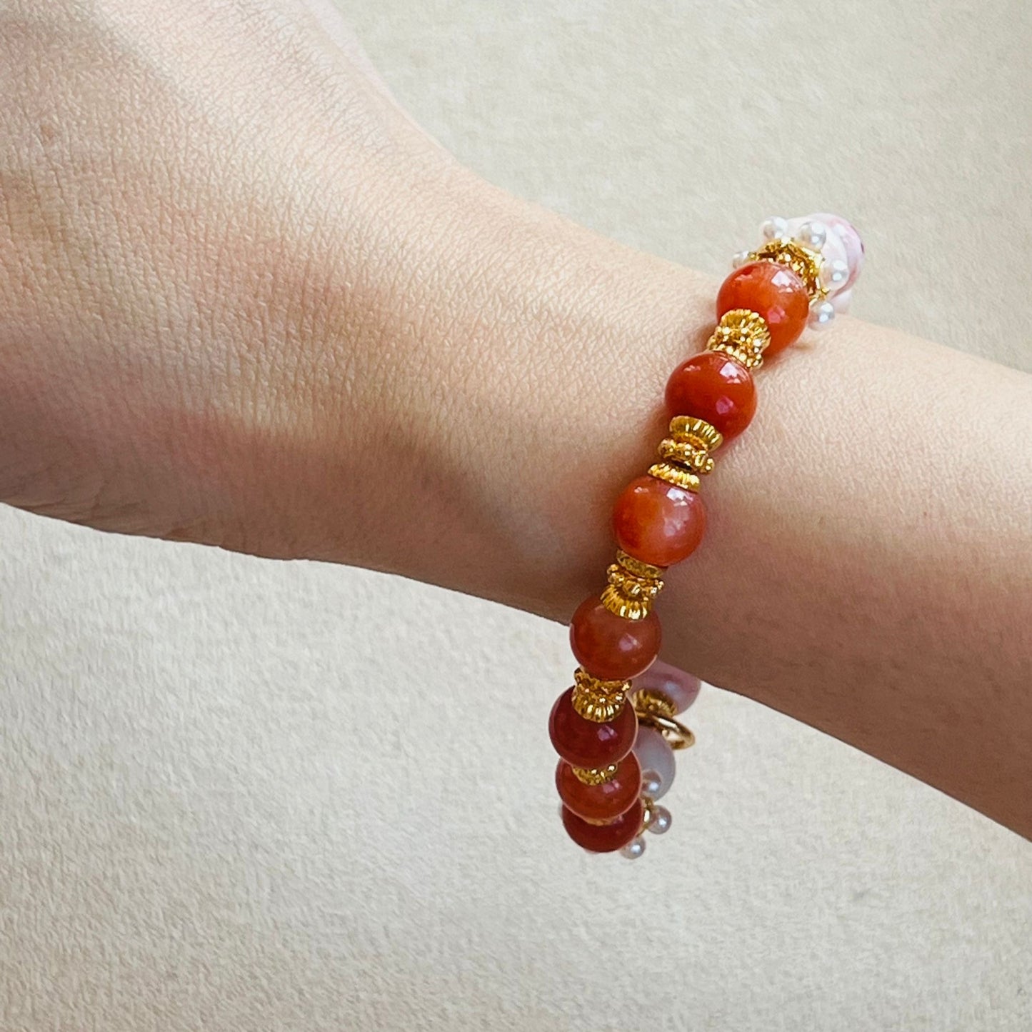 Coral Red Agate & Cinnabar In Quartz Bracelet