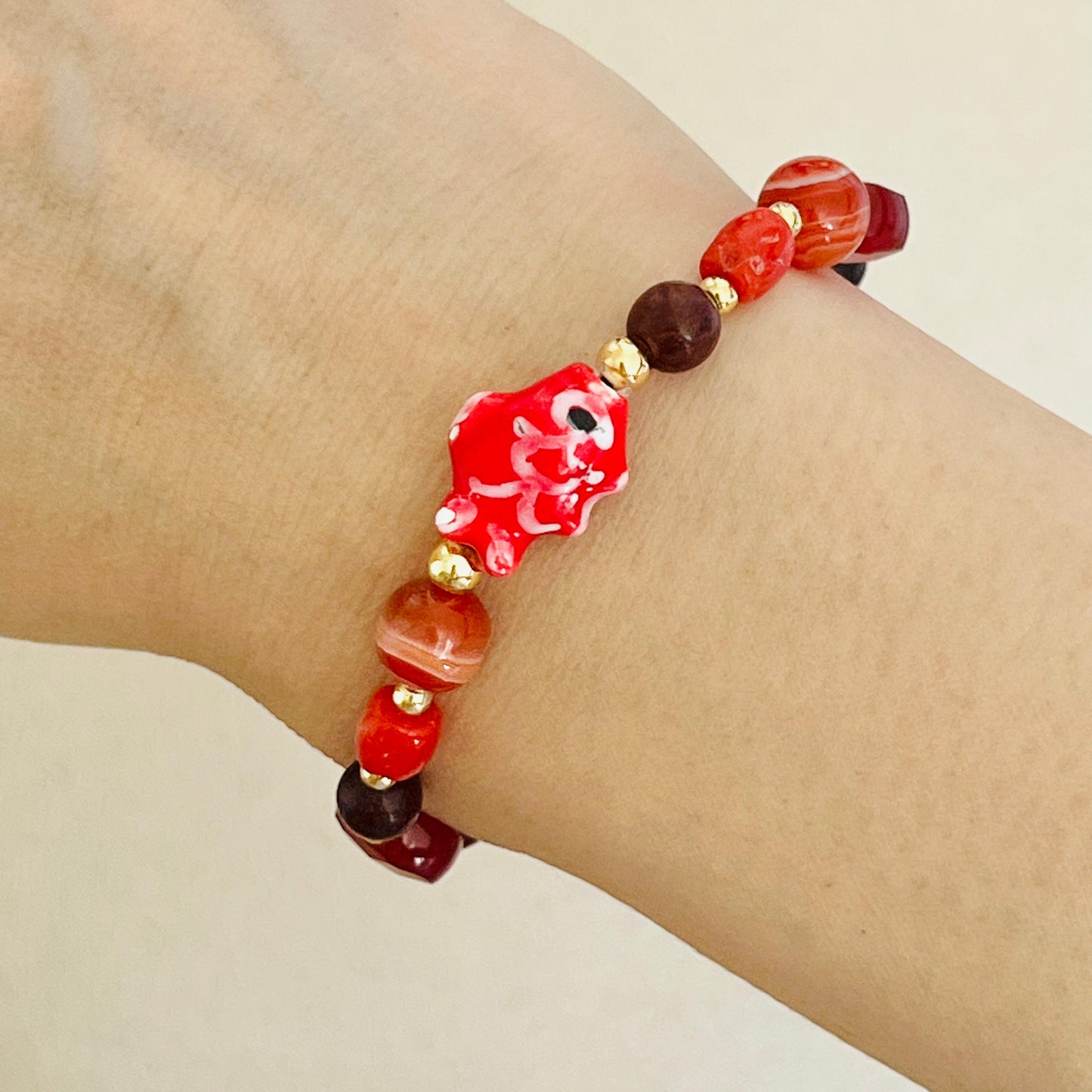 Carnelian, Coral, Red Agate & Sandalwood Angbao Koi Bracelet