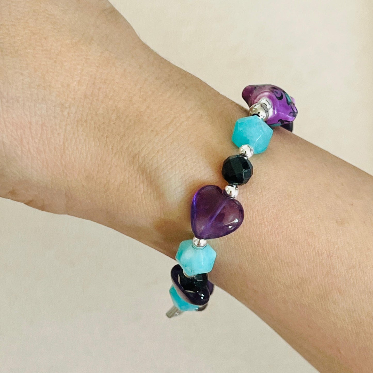 Amazonite, Amethyst & Black Tourmaline Grape Koi Bracelet