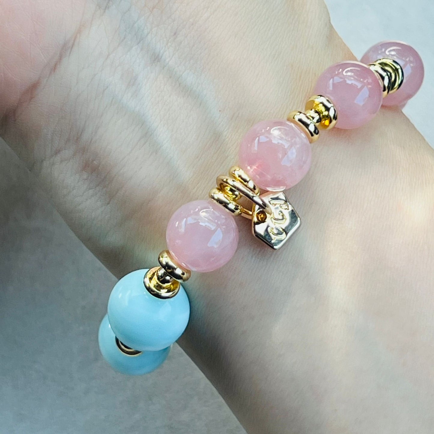 Hemimorphite & Madagascar Rose Quartz Cube Bracelet