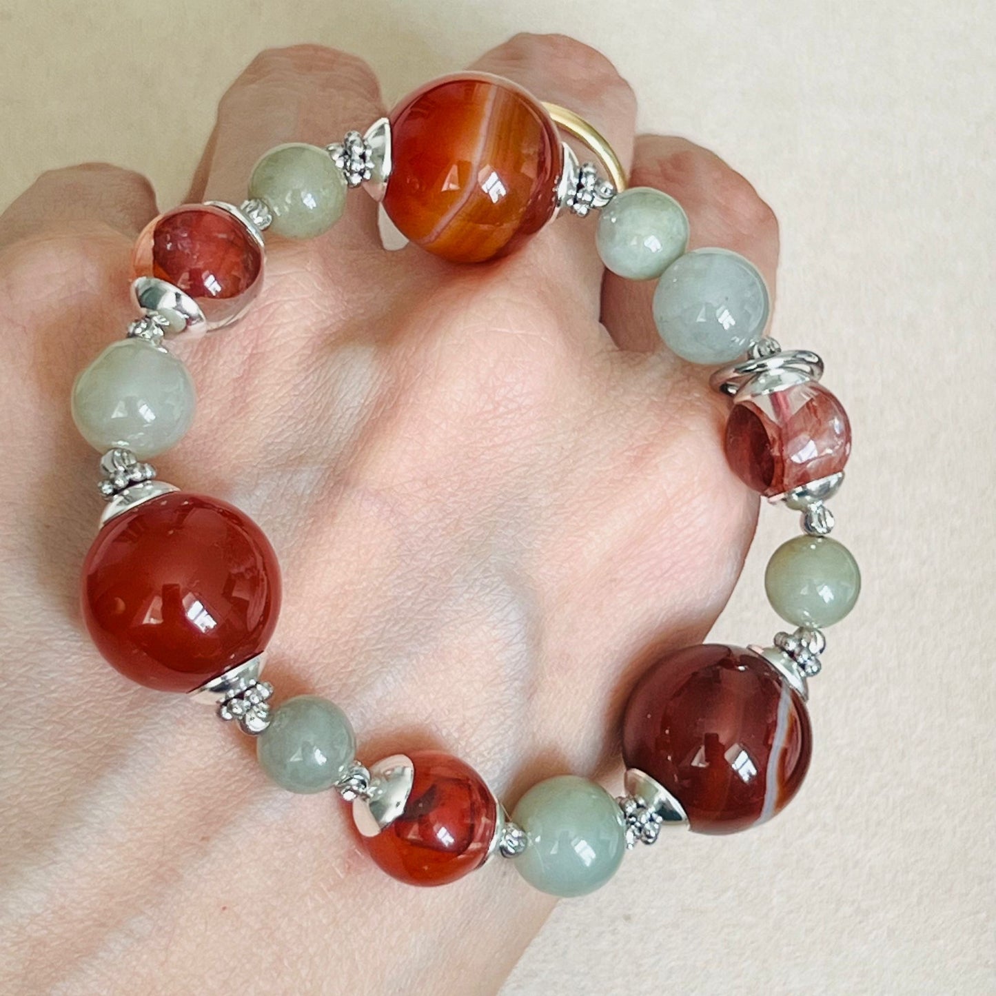 Carnelian, Red Hematoid & Olive Jade Bracelet SHW