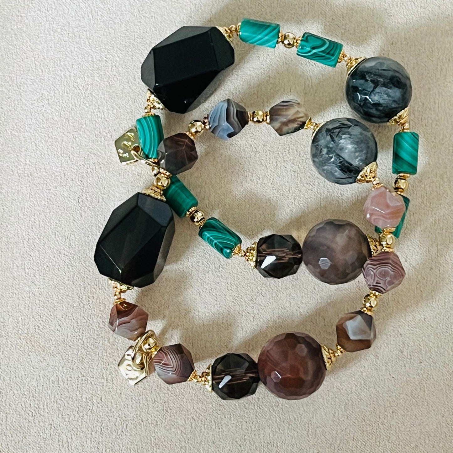 Raw Smoky Quartz, Rutilated Black Quartz, Botswana Agate & Malachite Bracelet