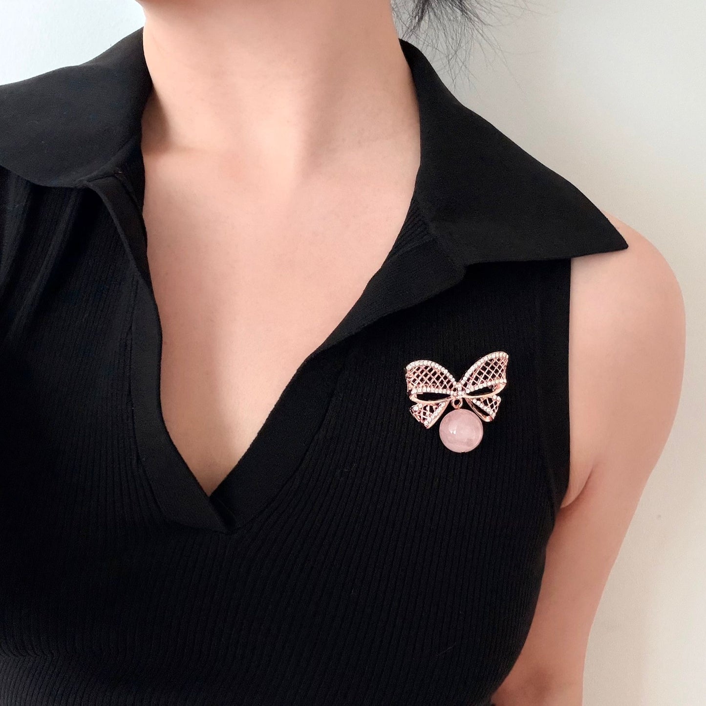 Madagascar Rose Quartz Ribbon Brooch