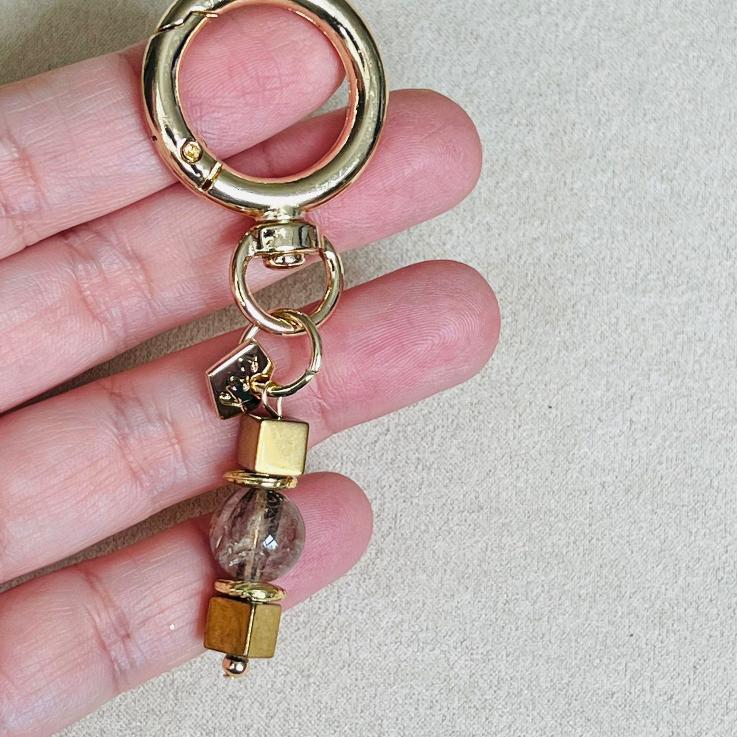 Red Copper Rutilated Quartz & Gold Hematite Bag Charm/ Key Ring