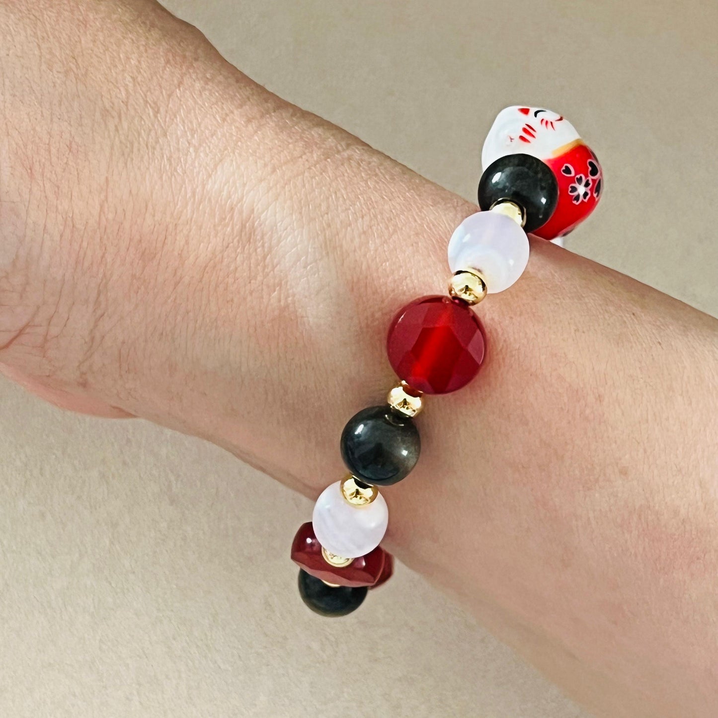 Gold Sheen Obsidian, Red Agate & Snowflake Agate Money Kitty Bracelet