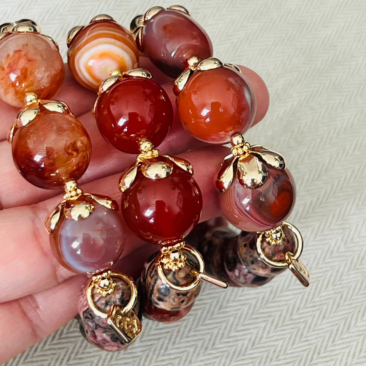 Tibetan Eye Agate, Carnelian, Leopardskin Jasper & Rabbit Hair Quartz Bracelet