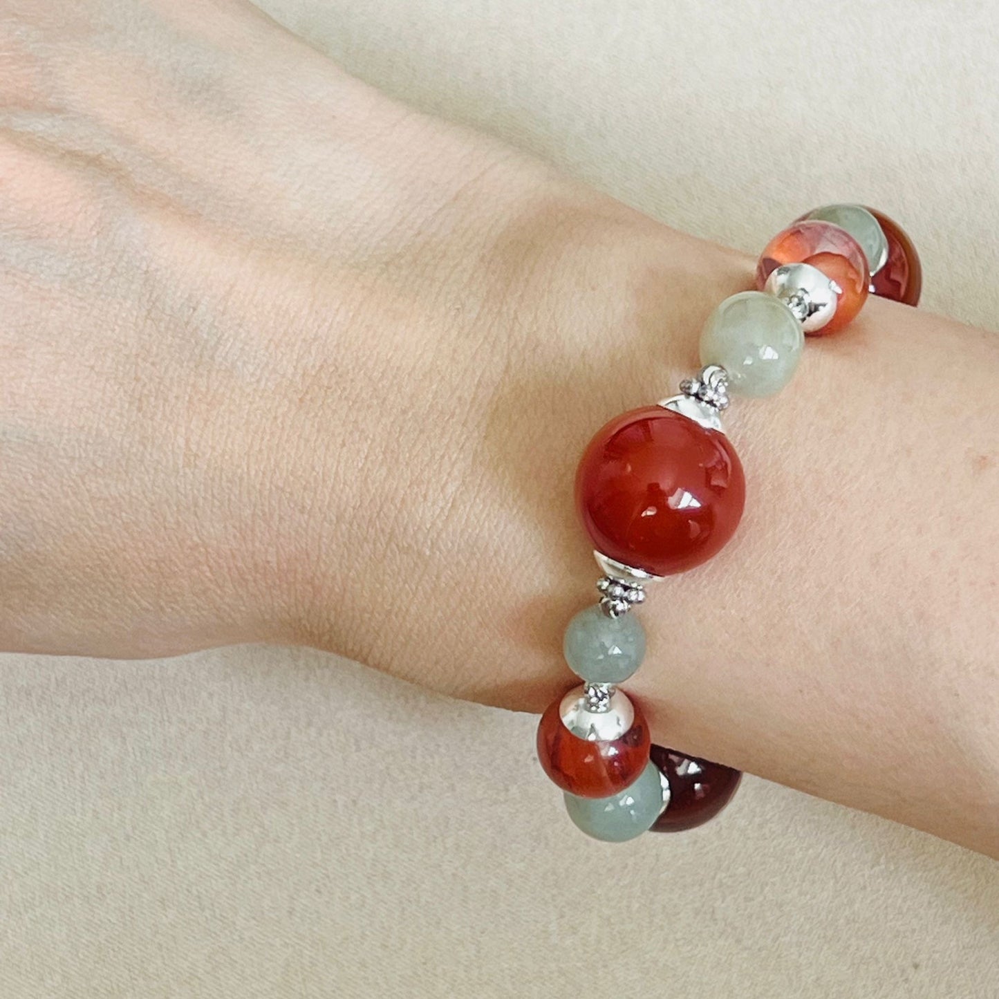 Carnelian, Red Hematoid & Olive Jade Bracelet SHW