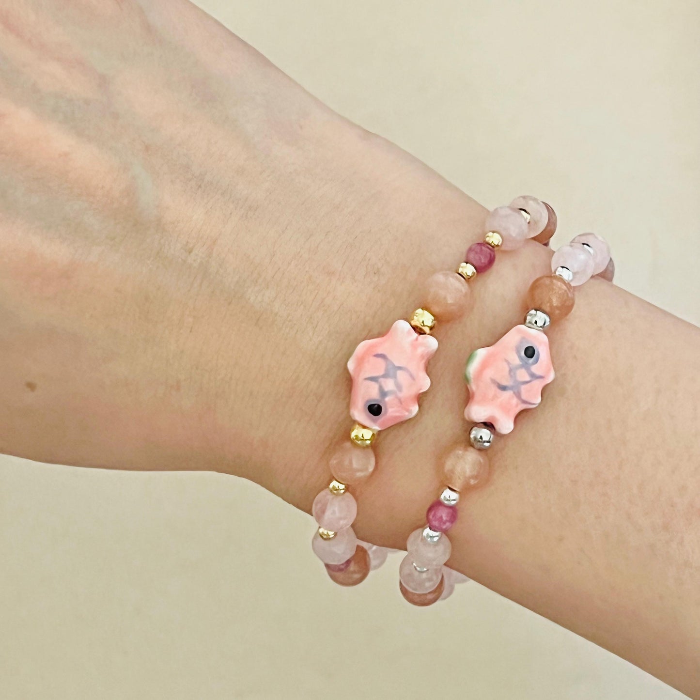 Morganite, Pink Tourmaline, Rose Quartz & Sunstone Rose Koi Bracelet