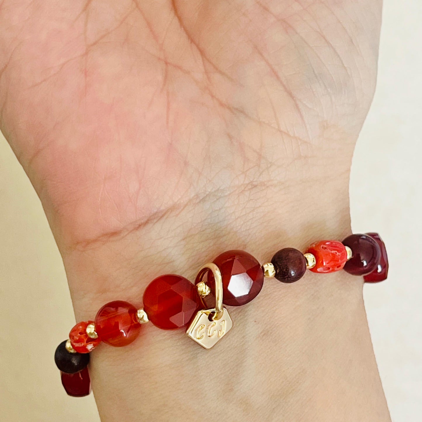 Carnelian, Coral, Red Agate & Sandalwood Angbao Koi Bracelet