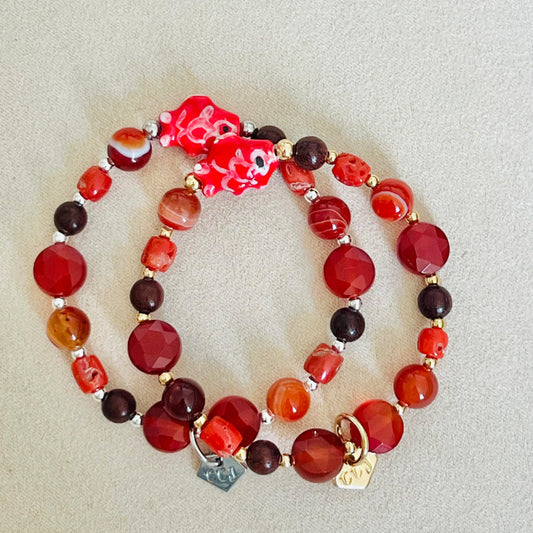 Carnelian, Coral, Red Agate & Sandalwood Angbao Koi Bracelet