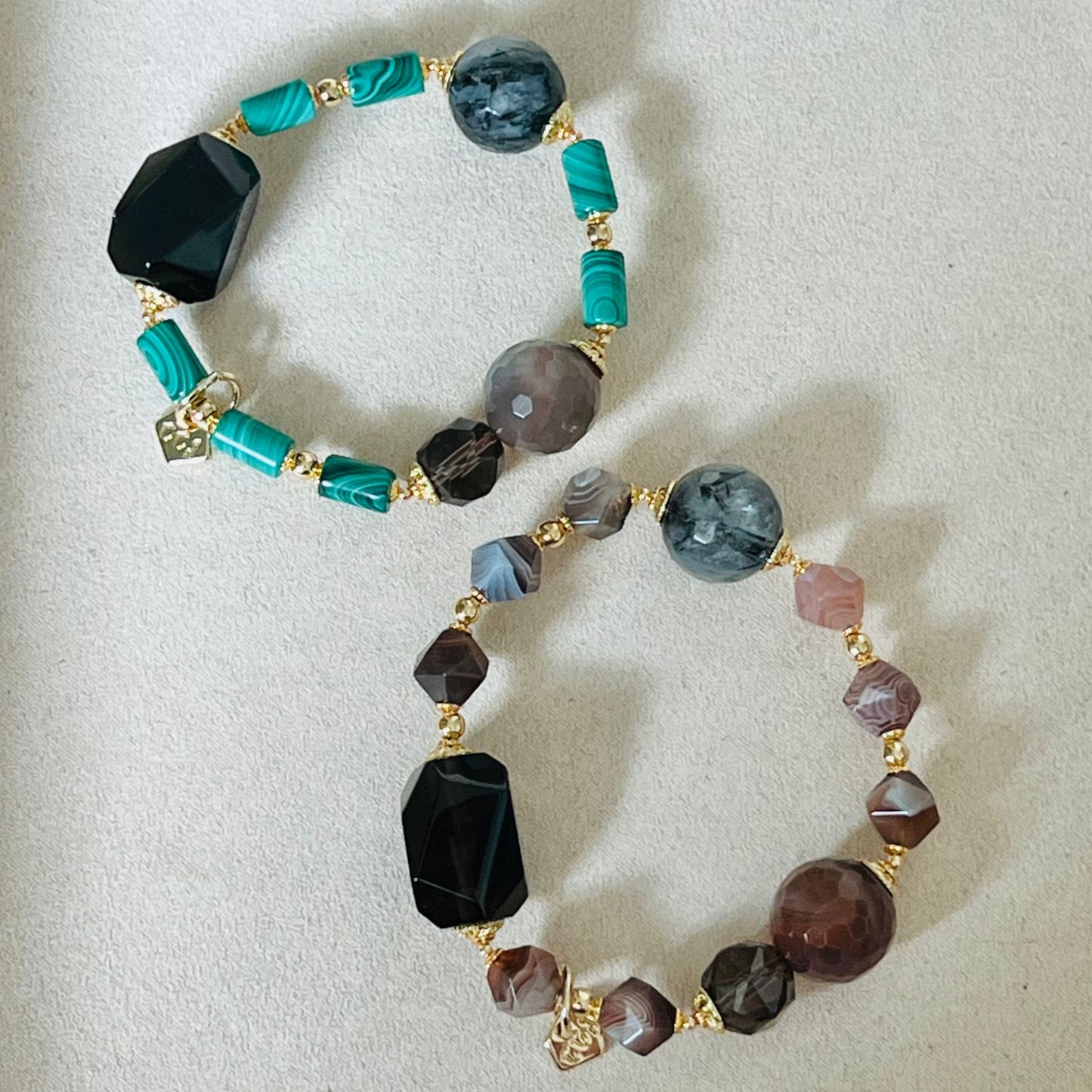 Raw Smoky Quartz, Rutilated Black Quartz, Botswana Agate & Malachite Bracelet