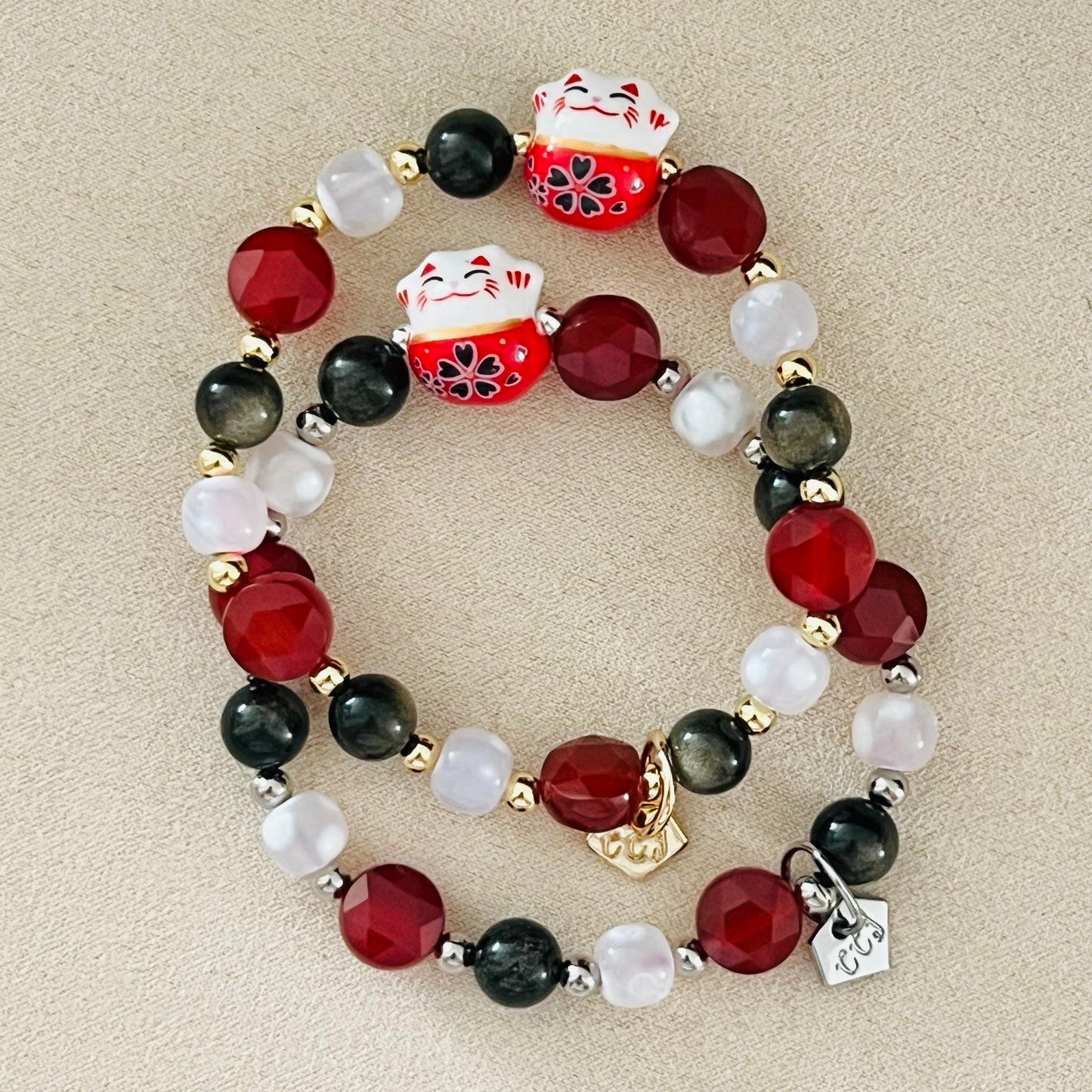 Gold Sheen Obsidian, Red Agate & Snowflake Agate Money Kitty Bracelet