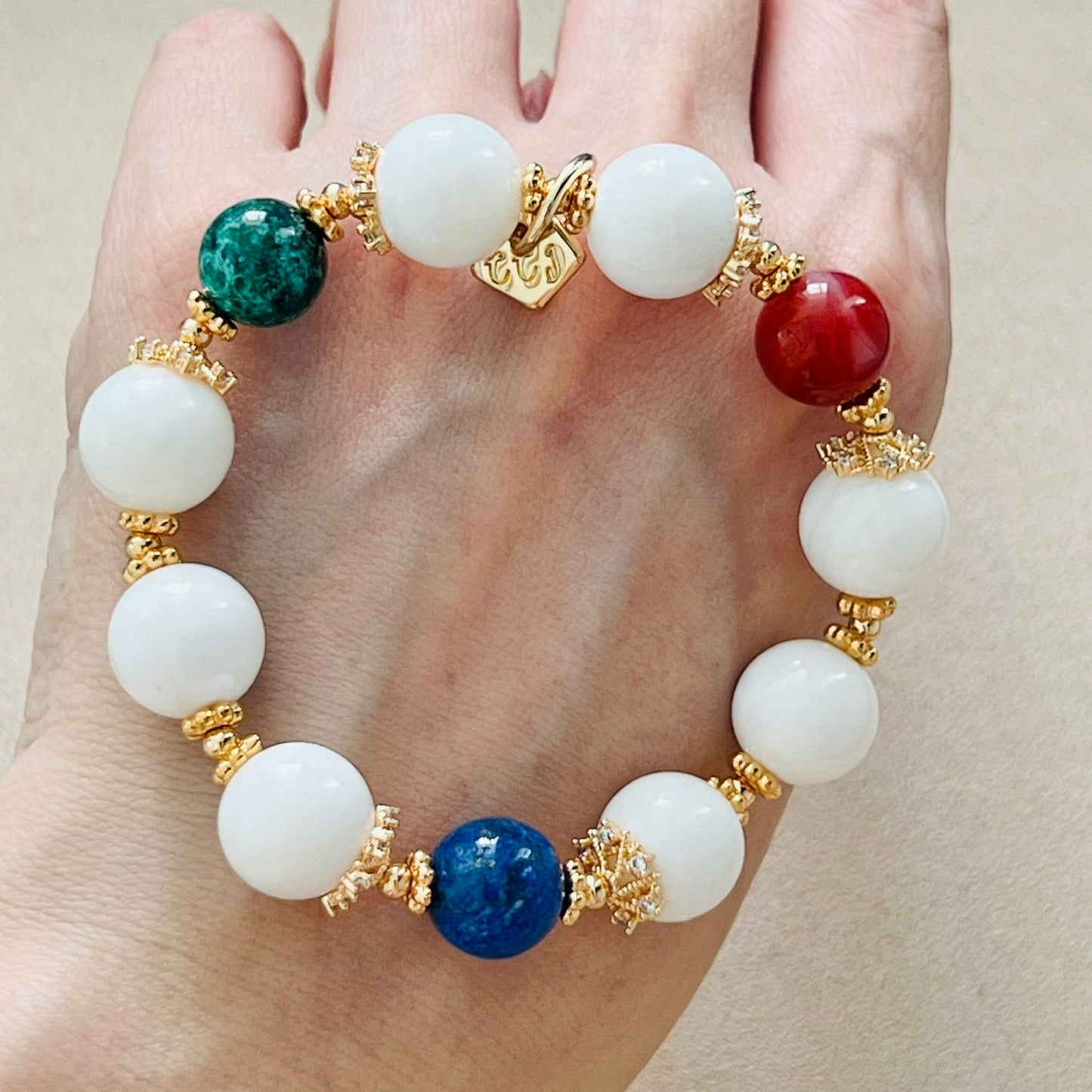 White Coral, Green Turquoise, Lapis Lazuli & Red Agate Bracelet