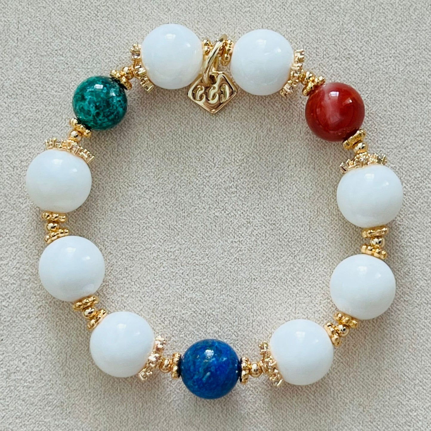 White Coral, Green Turquoise, Lapis Lazuli & Red Agate Bracelet