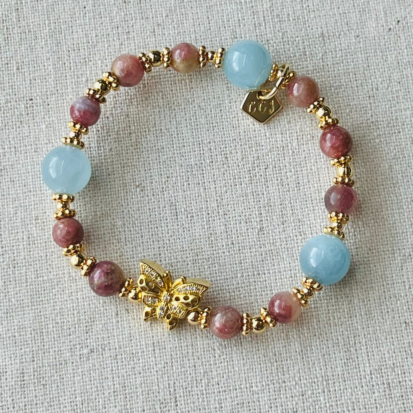 Aquamarine & Pink Tourmaline In Quartz Bracelet
