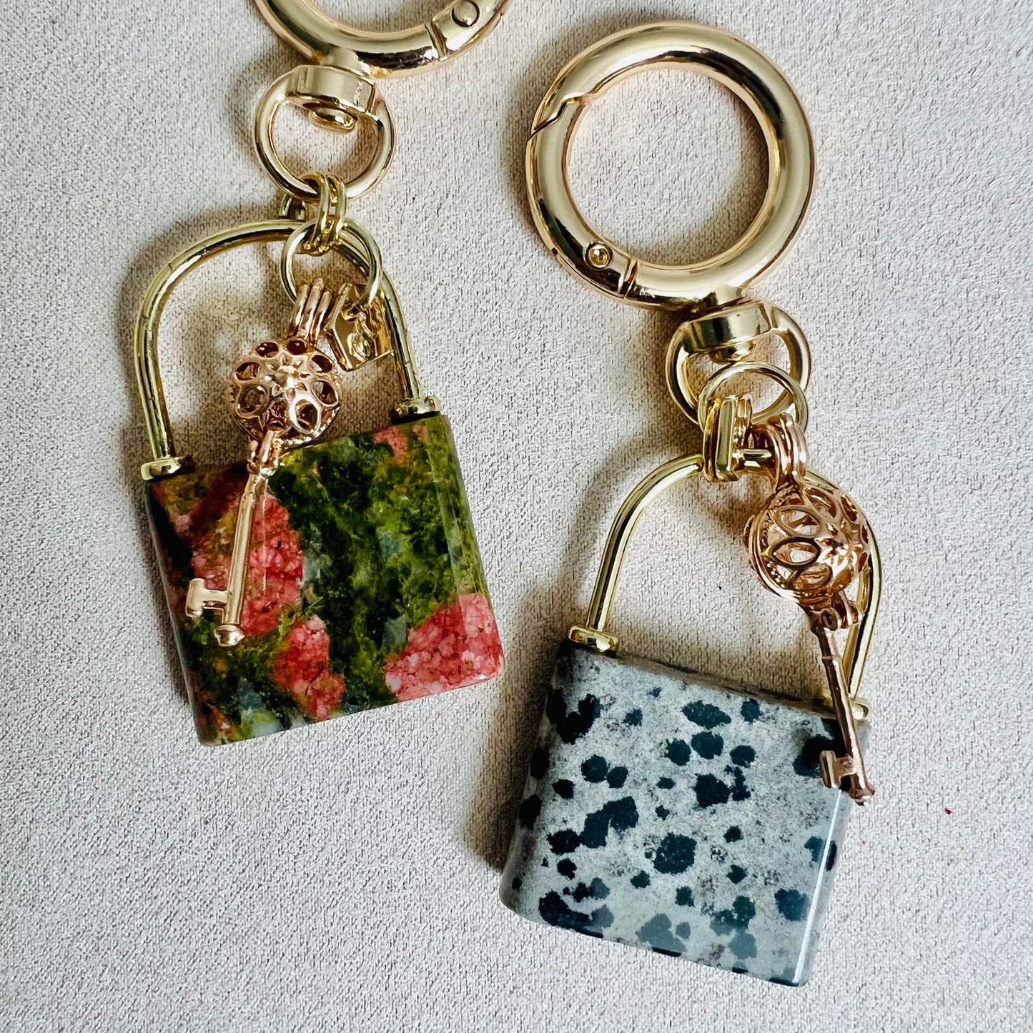 Dalmatian Jasper Lock & Key Bag Charm/Key Ring