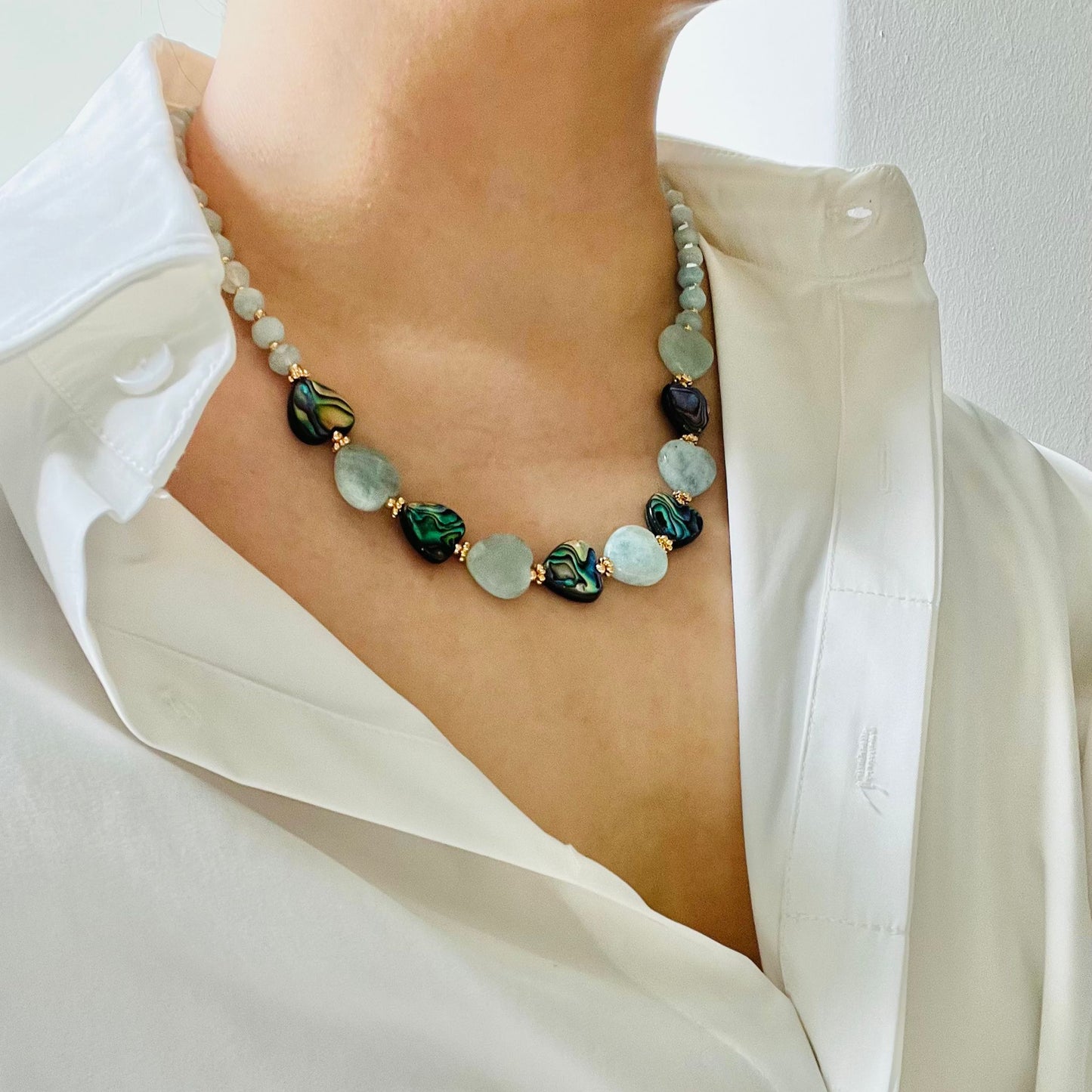 Aquamarine & Abalone Mother Of Pearl Necklace