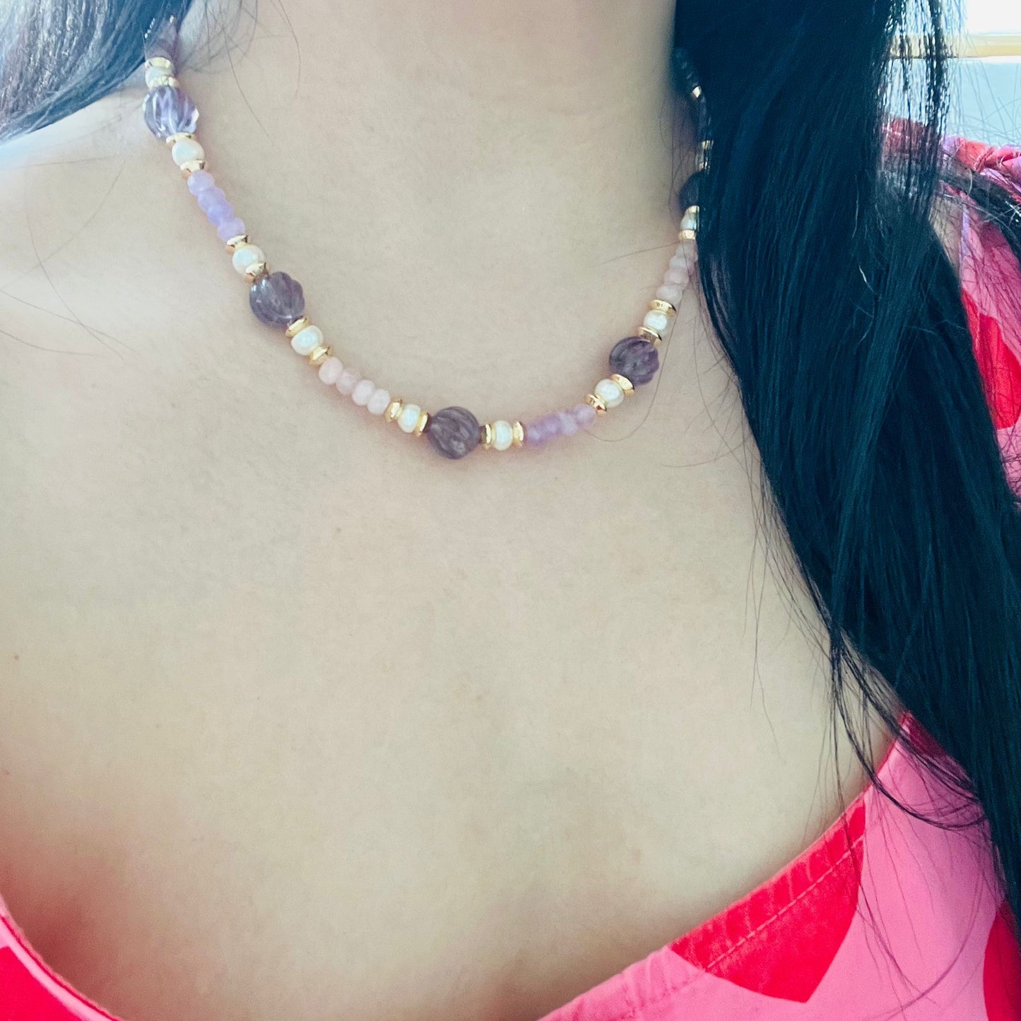 Amethyst, Baroque Pearl & Rose Quartz Necklace