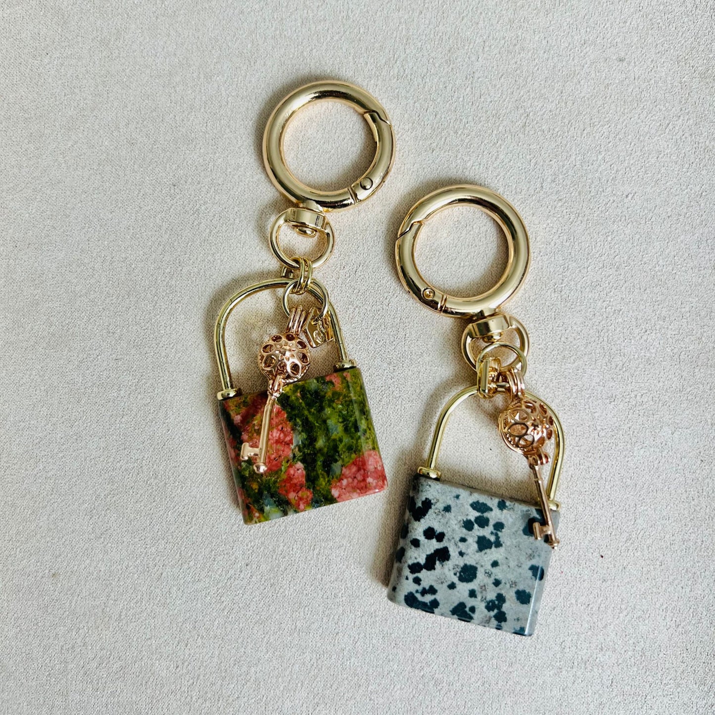 Dalmatian Jasper Lock & Key Bag Charm/Key Ring