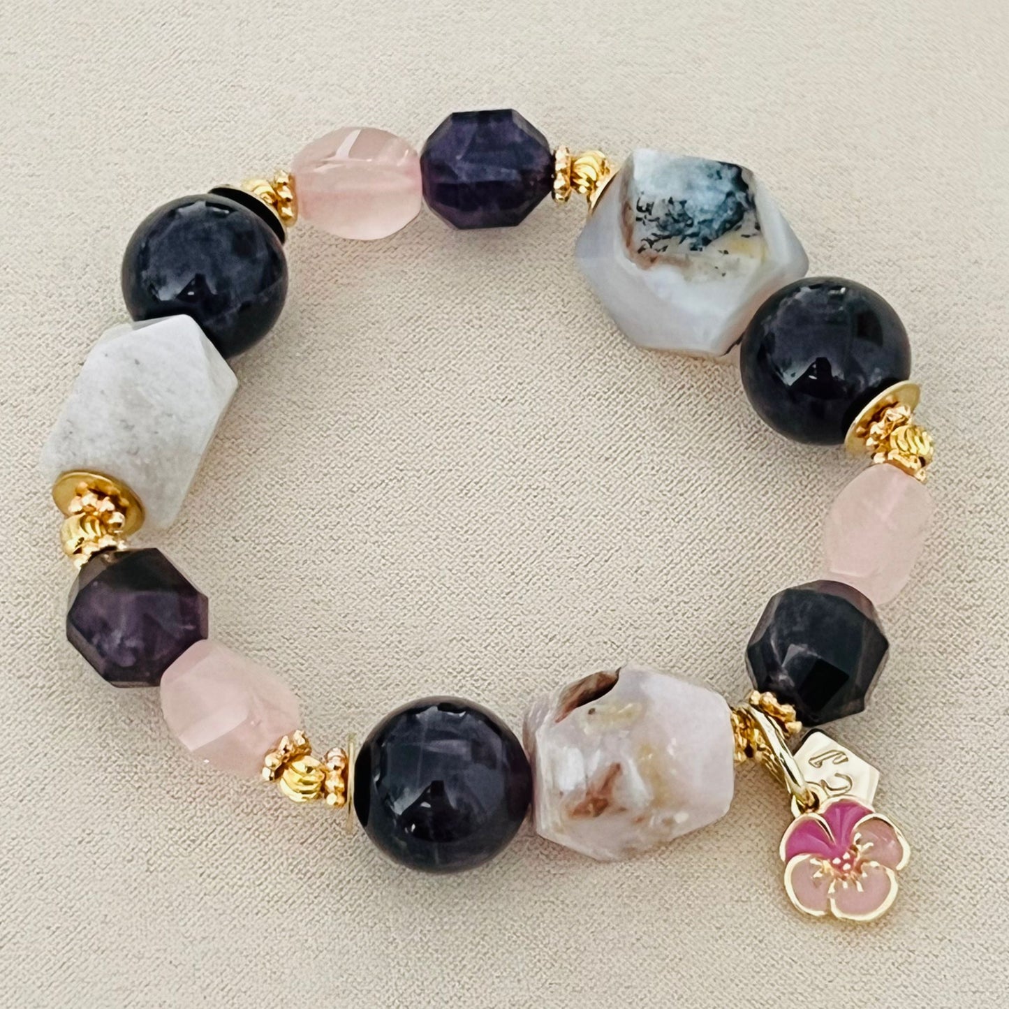 Raw Peruvian Pink Opal, Amethyst & Rose Quartz Bracelet