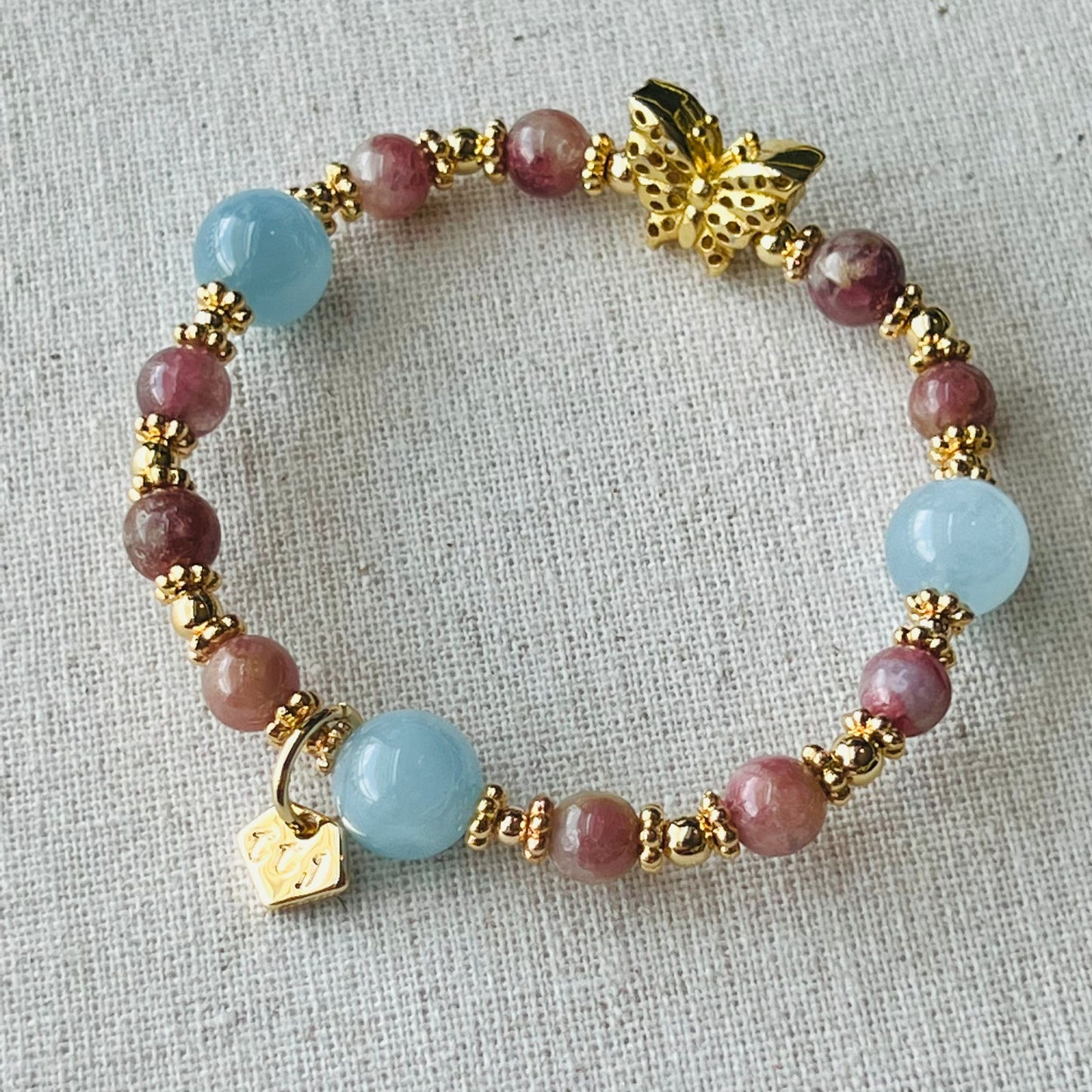 Aquamarine & Pink Tourmaline In Quartz Bracelet