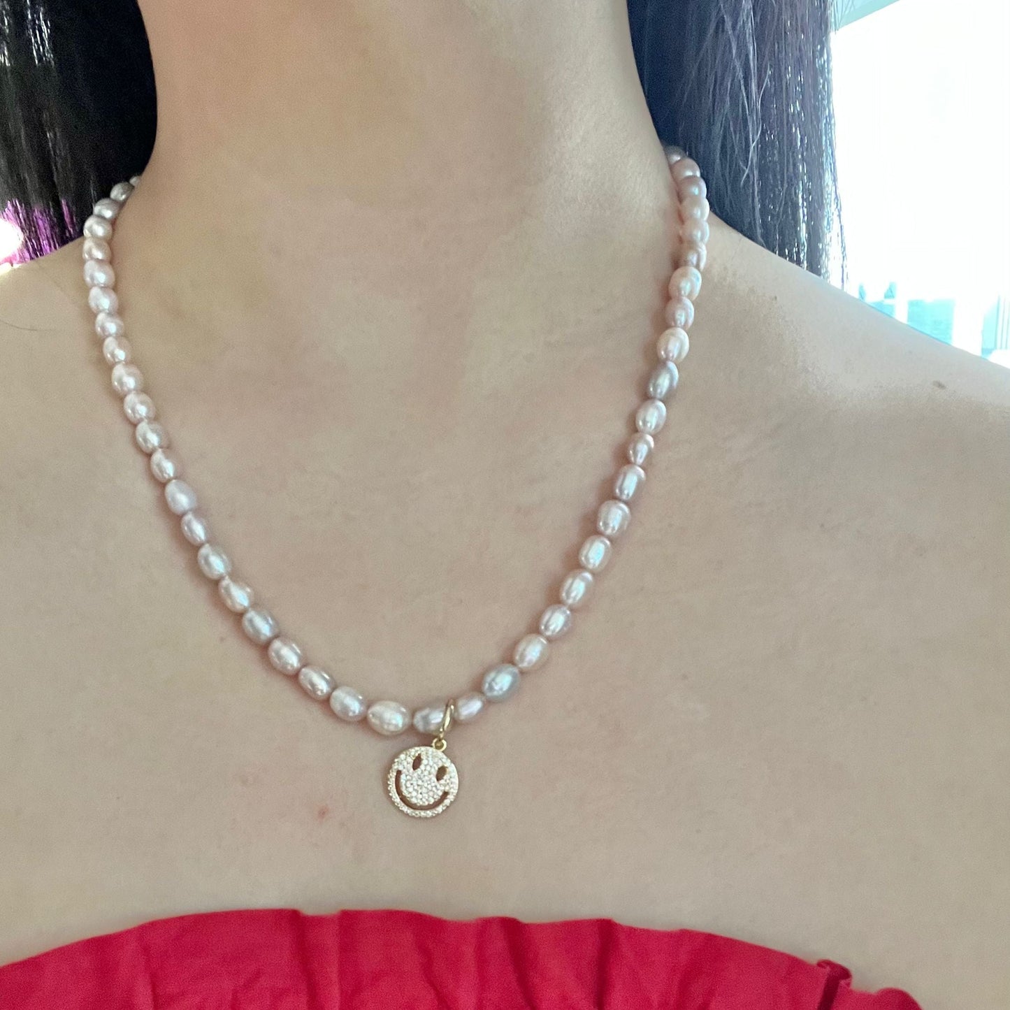 Lilac Pink Baroque Pearl Necklace - Smiley Face