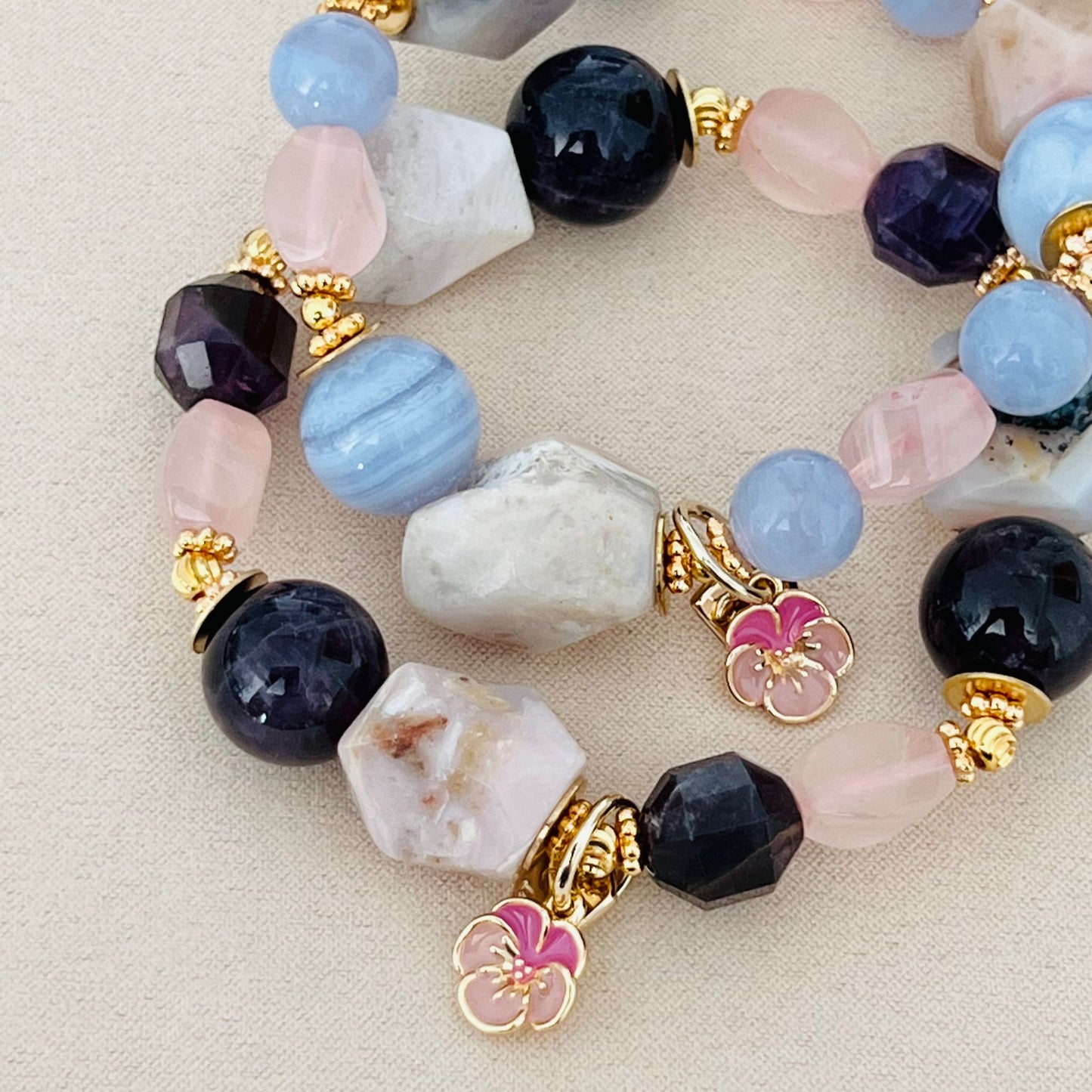 Raw Peruvian Pink Opal, Amethyst & Rose Quartz Bracelet