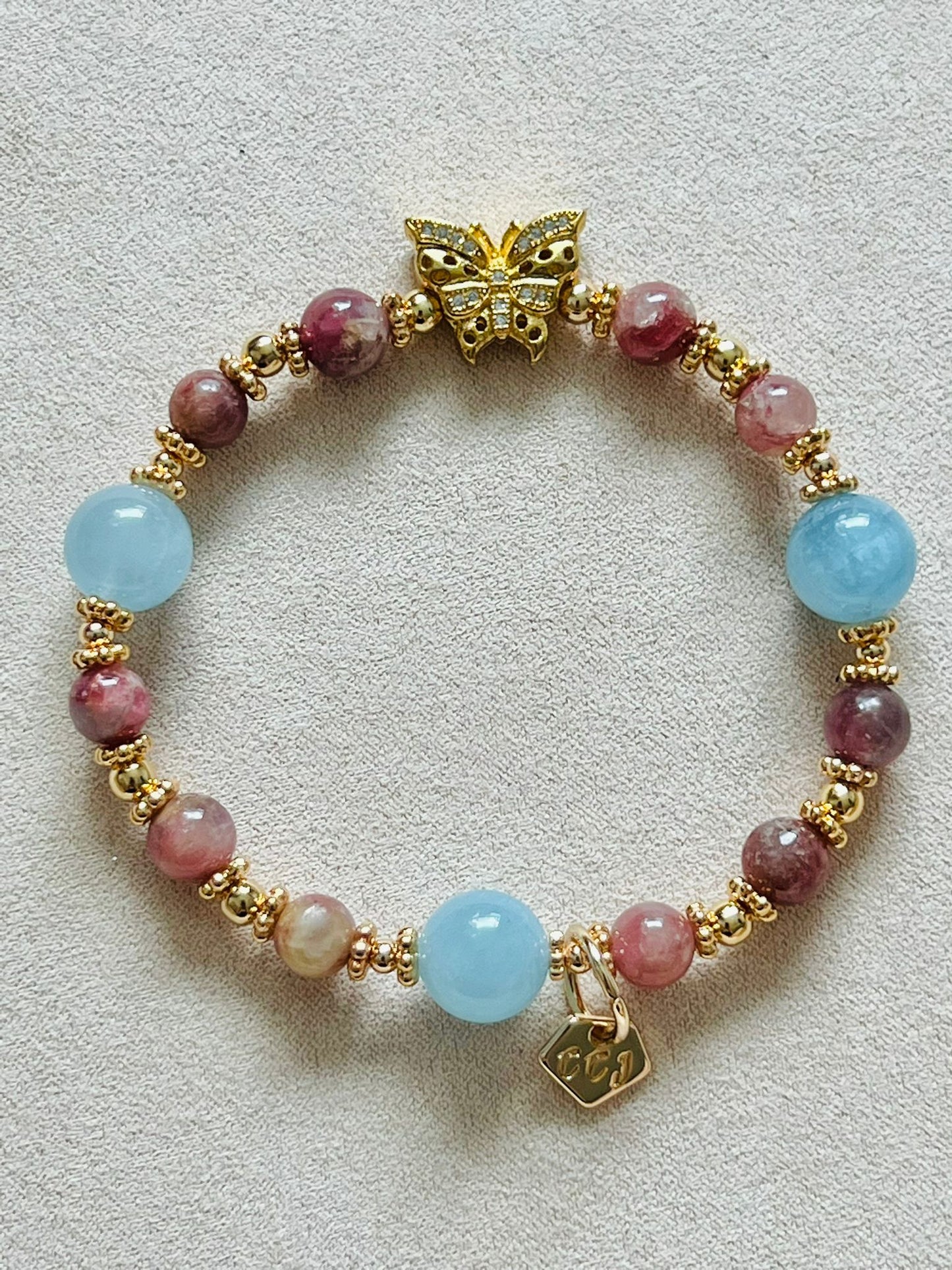 Aquamarine & Pink Tourmaline In Quartz Bracelet