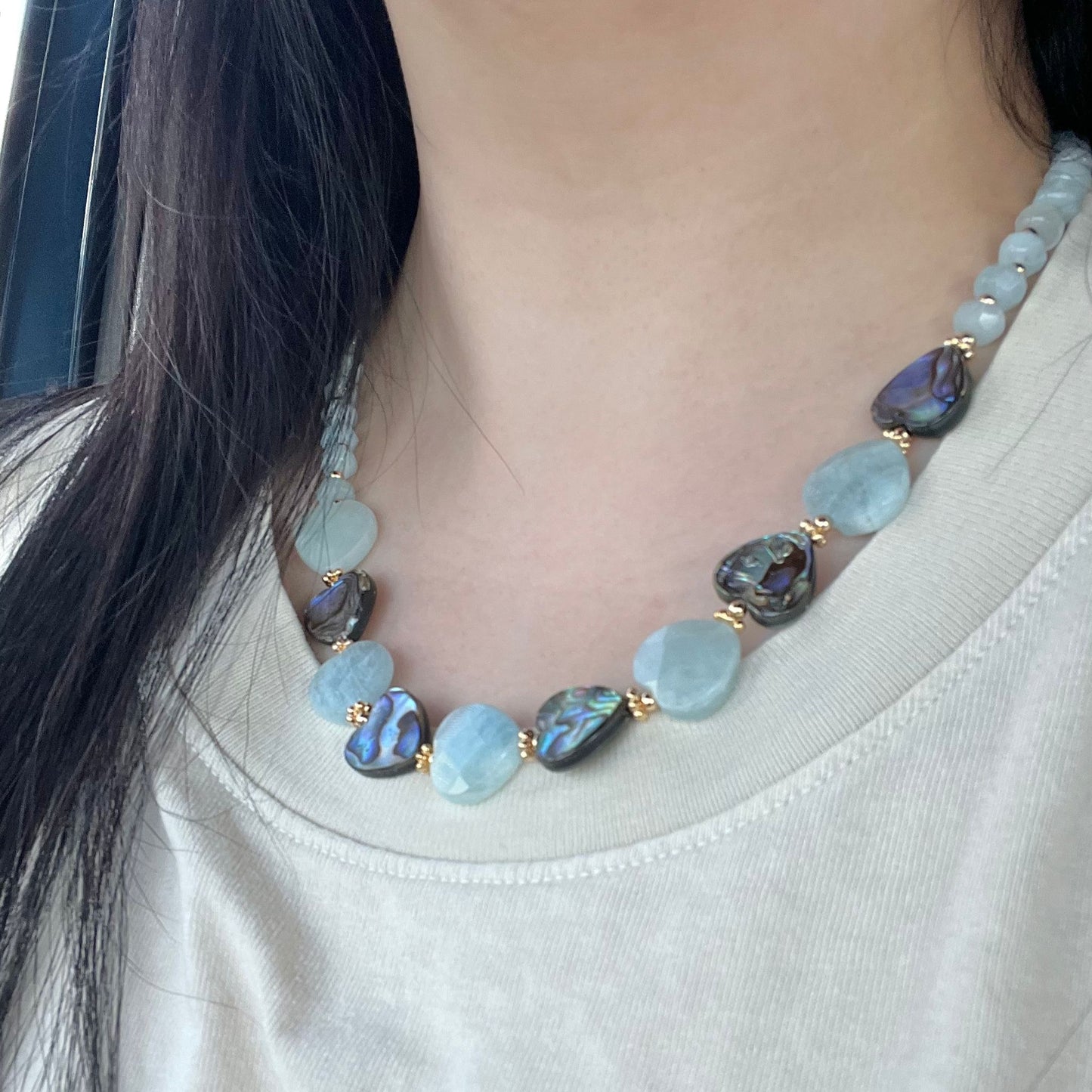 Aquamarine & Abalone Mother Of Pearl Necklace