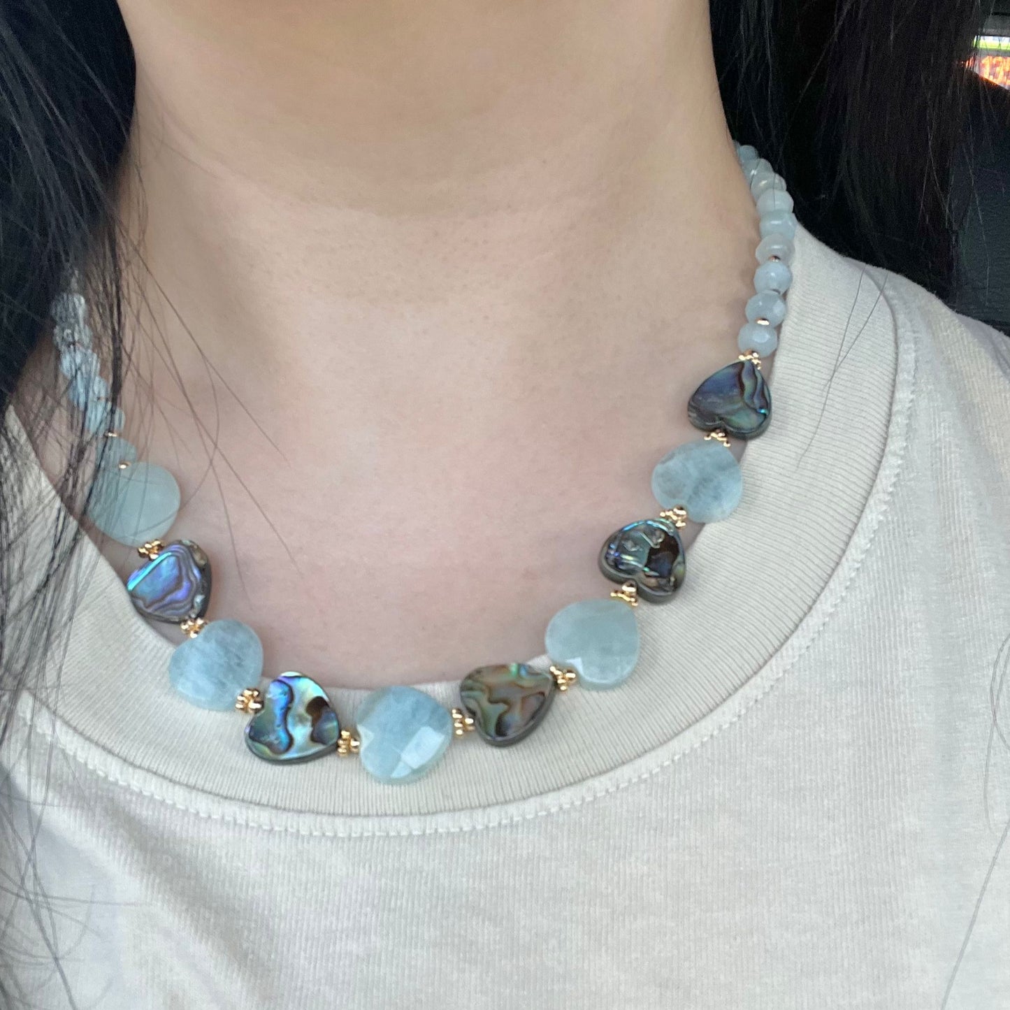 Aquamarine & Abalone Mother Of Pearl Necklace