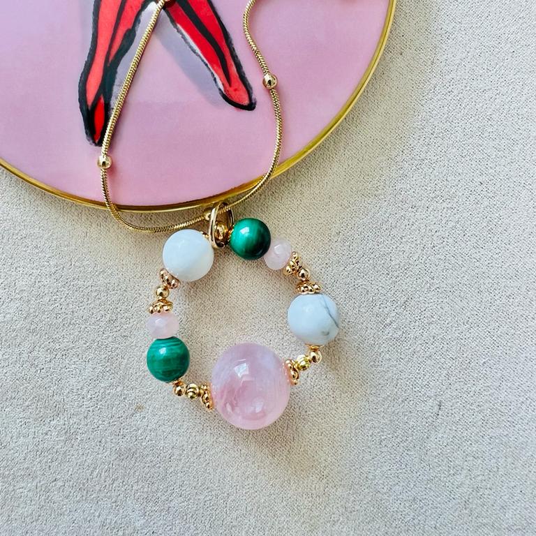 Madagascar Rose Quartz, Howlite & Malachite Pendant