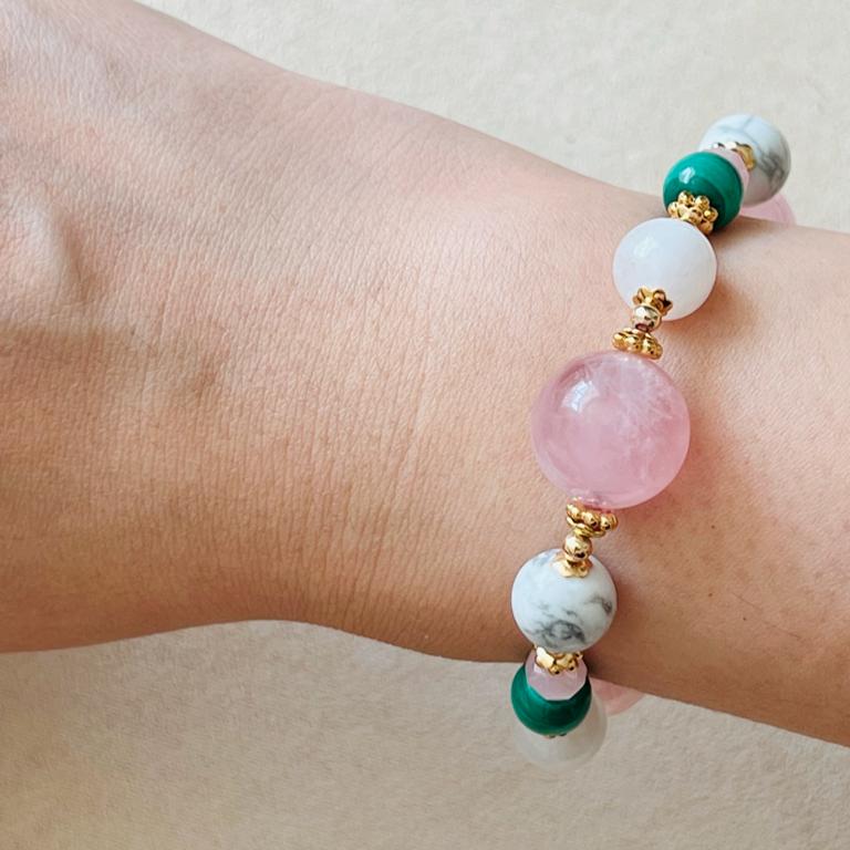 Madagascar Rose Quartz, Howlite,  Moonstone & Malachite Bracelet