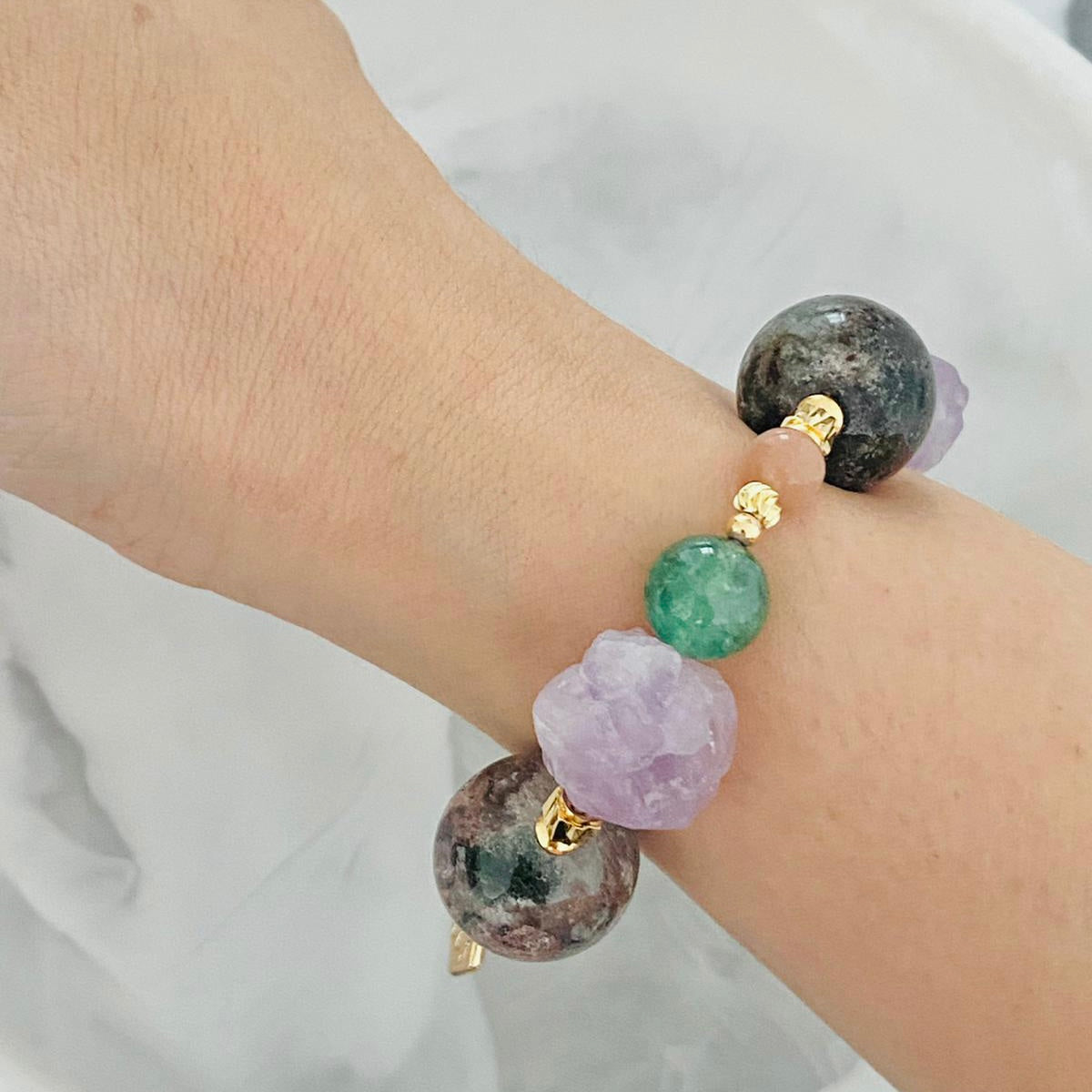 Raw Amethyst & Garden Phantom Quartz Bracelet