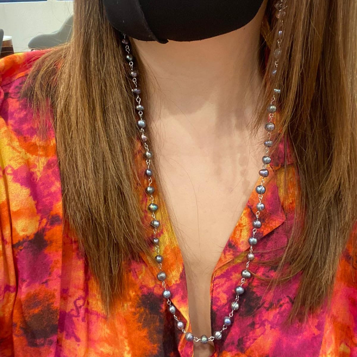 Black-Grey Baroque Pearls Mask Chain Necklace