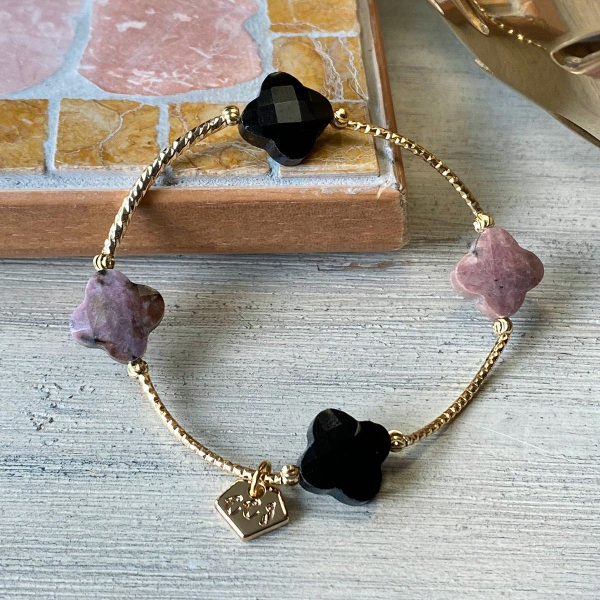 Rhodonite & Black Onyx Clover La Grace Bracelet