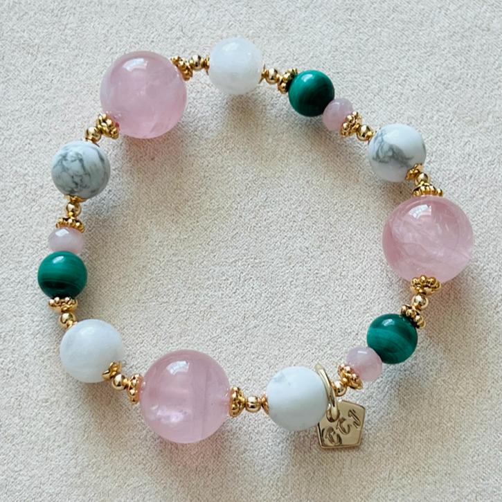 Madagascar Rose Quartz, Howlite,  Moonstone & Malachite Bracelet