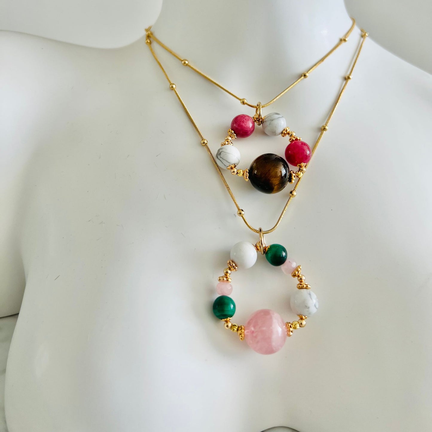 Madagascar Rose Quartz, Howlite & Malachite Pendant