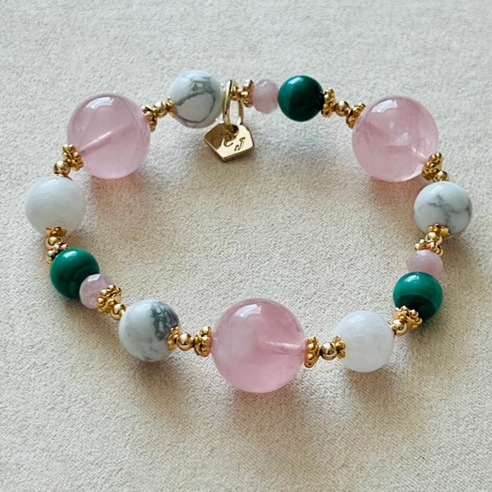 Madagascar Rose Quartz, Howlite,  Moonstone & Malachite Bracelet